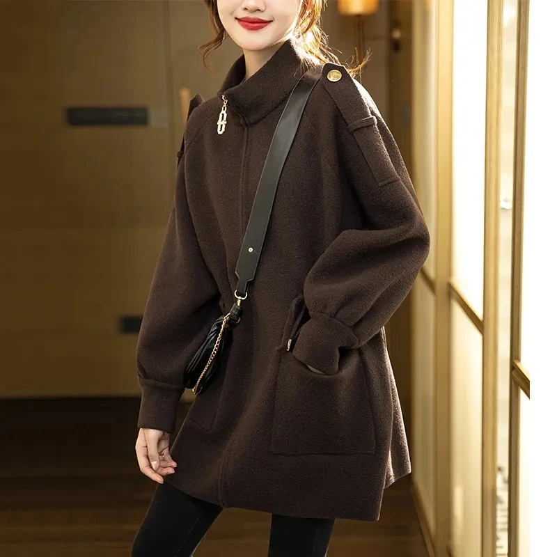 

2023 European Station New Woolen Stand Neck Drawstring Waist Wrap Coat Women's Outwear Loose Black Outcoat Women's Winter Wear