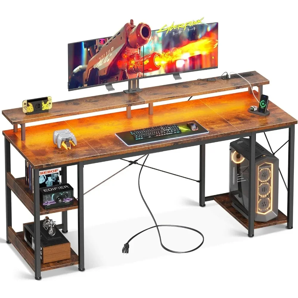 63 inch Computer Desk with Power Outlets & LED Lights, Gaming Desk with Monitor Stand & Storage Sheves, Home Office Desk
