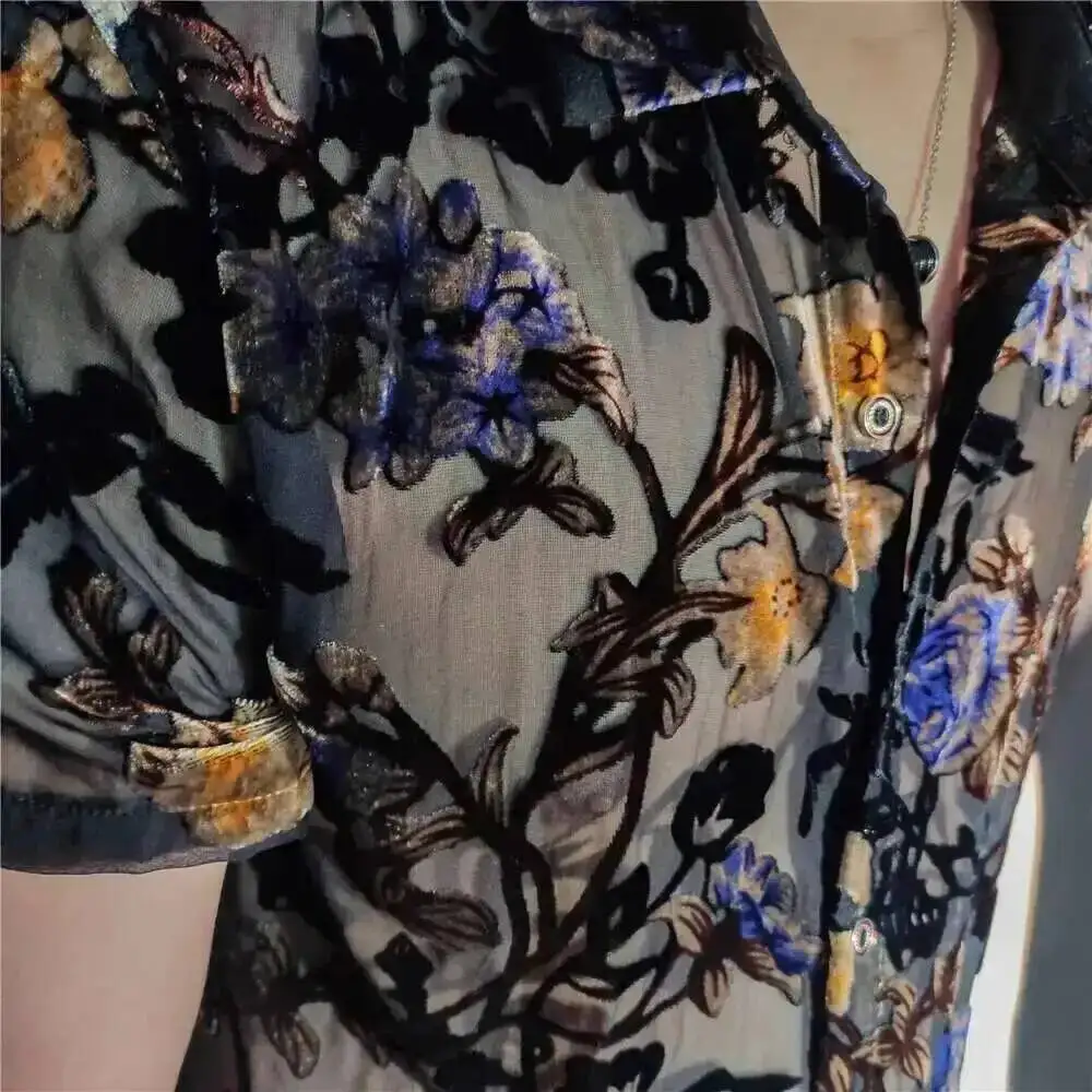 투명한 화려한 꽃무늬 벨벳 셔츠 남성용 반팔 섹시 셔츠 소셜 클럽 의상 파티 남성 셔츠