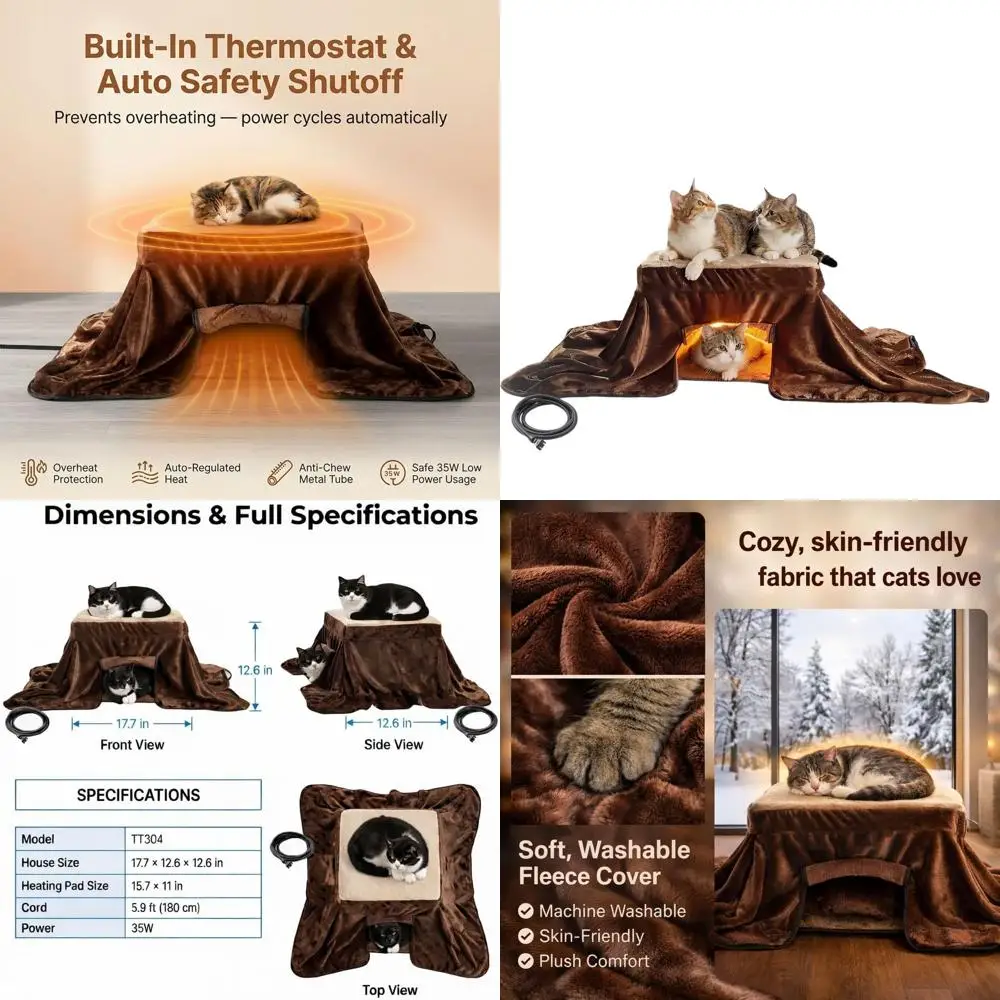 

Indoor Cat Warming House, Enclosed Heating with Removable Lid, Sleep Cave for Multiple Cats, Washable, 17.7x12.6x12.6 inches