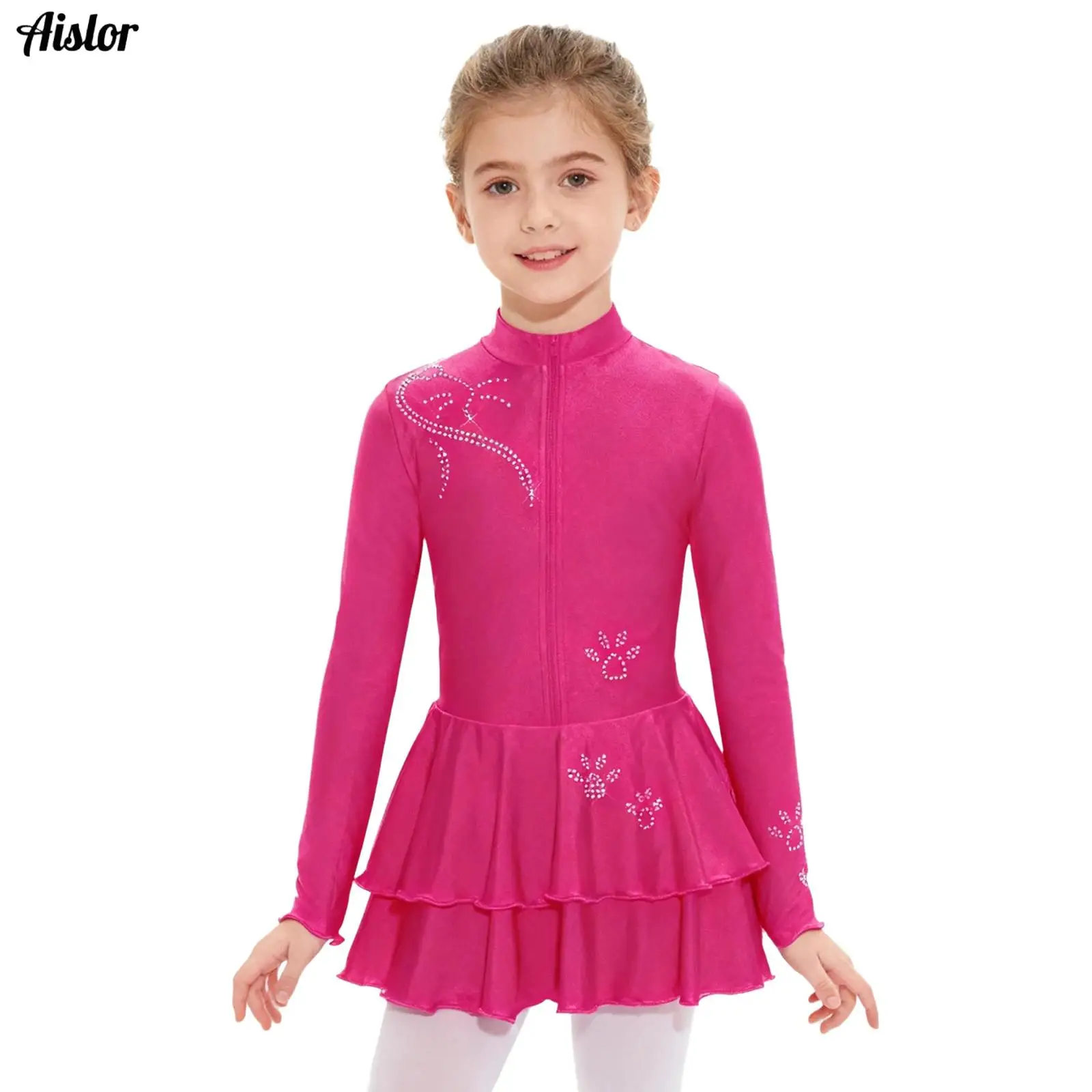 

Kids Girls Figure Skating Dress Rhinestones Mock Neck Long Sleeve Front Zip Tiered Ruffled Hem Leotard Dress Ballet Dance Dress
