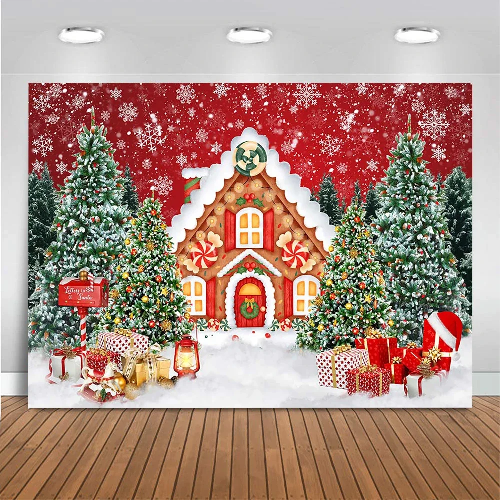 Fondo de casa de dulces de Navidad, accesorios de fotografía para niños, árbol de juguete, escena nevada, retrato familiar, estudio fotográfico para niños y bebés