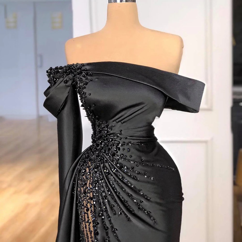 Robe de Soirée Noire à Épaules Dénudées en Forme de Sirène, Tenue de Bal Sexy Personnalisée avec Perles de Luxe