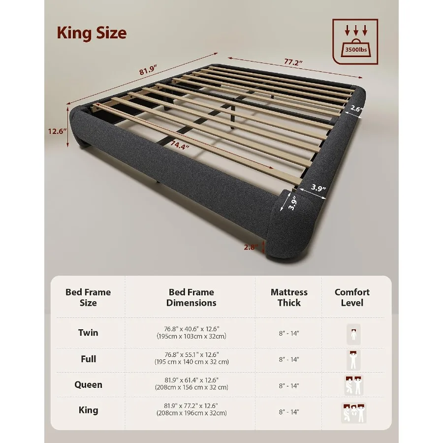Cloud Bed Frame King Size, Soft Boucle Bed Frame with Round Corner, Upholstered King Size Bed Frame with Heavy Duty Wood Slat,