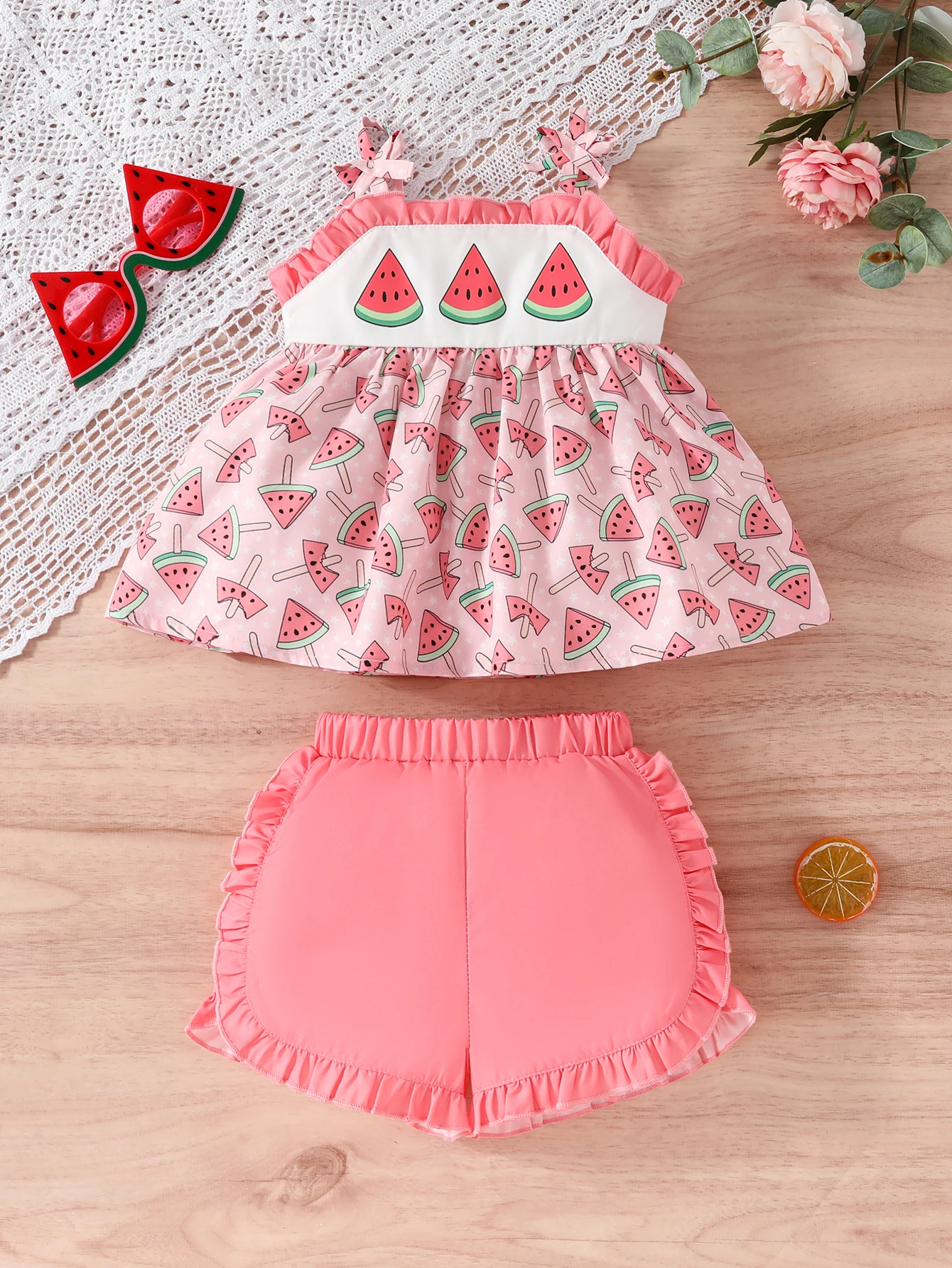Set Rok Lurus Berlipit dengan Tali Pita Motif Semangka dan Kupu-kupu untuk Bayi Perempuan