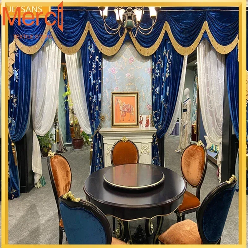 Neue königsblaue Samt-Vogel-Stickerei, dicke Schattierungsvorhänge für Wohnzimmer, Schlafzimmer, Villa, Beflockung, Stickerei, Garn, Volant