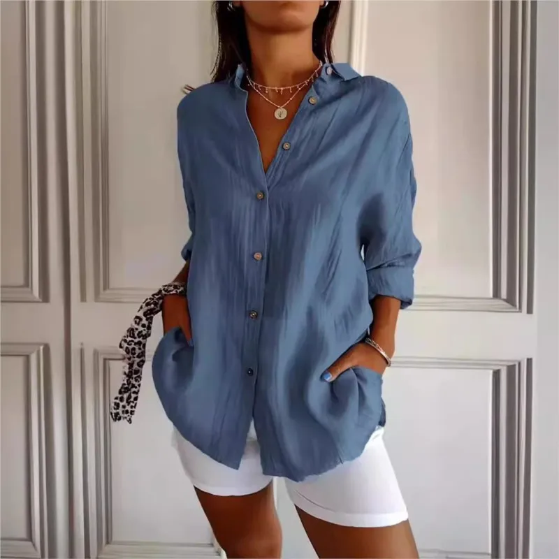 Casual Solid Color Pleated Women's Shirt New With Lapel Button And Rolled Up Sleeves Versatile 2025 Spring Long Sleeved Blouse