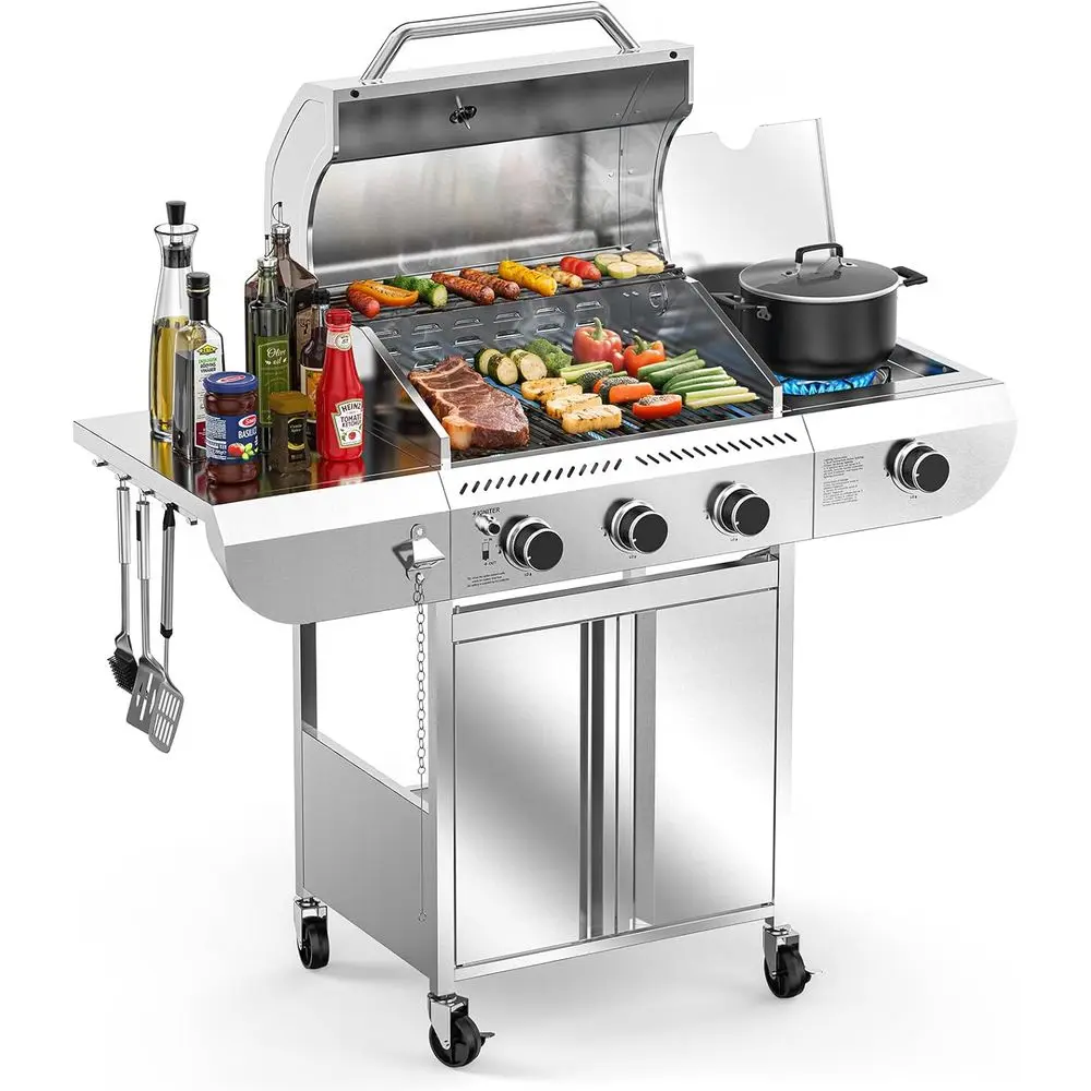 

Stainless Steel 3-Burner Propane Gas Grill with Side Burner, 34,000 BTU Outdoor Cooking BBQ Grill for Patio and Backyard