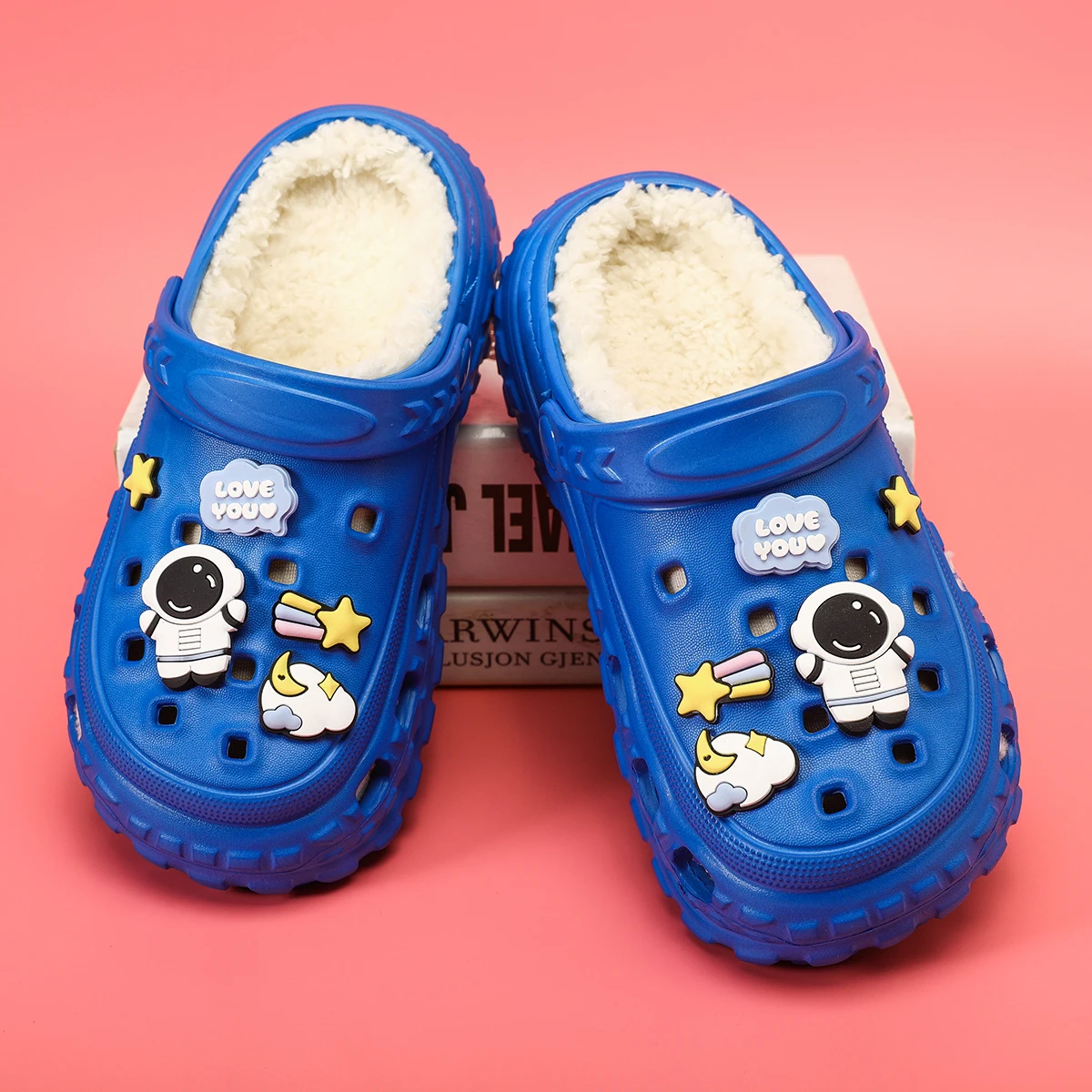 Warm Cotton Shoes for Kids Winter Plush Slippers Clogs Children Outdoor Garden Shoes with Cute Cartoon Charms Boys Girls Shoes