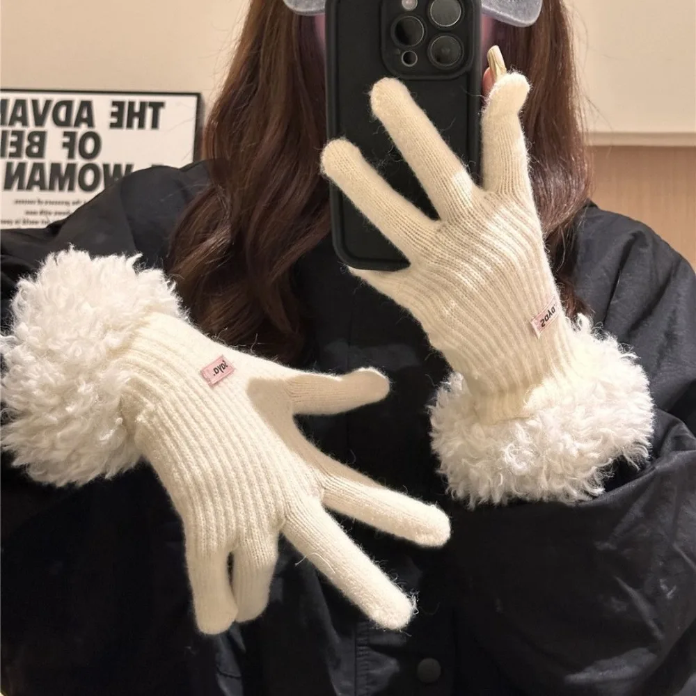 Fashion Finger-splitting Plush Edges Gloves Keep Warm Windproof Lamb Wool Gloves Cold-proof Knitted Touch Screen Gloves Cycling