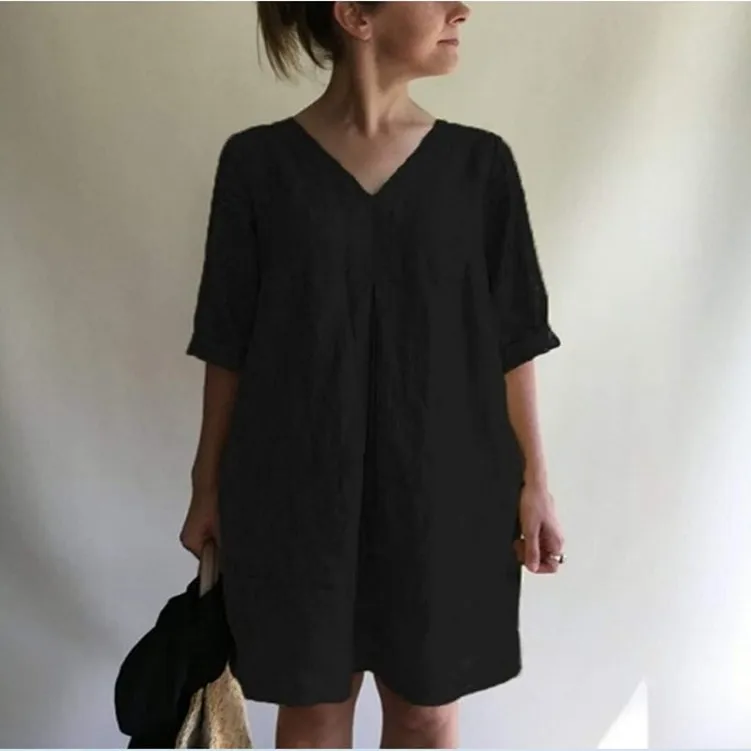 Casual Cotton Linen Shirt Dress For Women Solid Color V Neck Ruched Summer Midi Dress Simple Style Big Size Beach Short Dresses