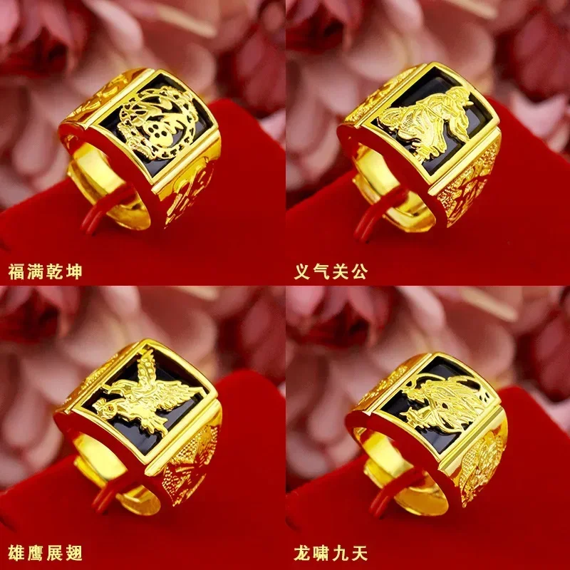 

9999 Real Gold 24K Treasure Micro Business Taobao Eagle Male Ring Guan Gong Emerald Dragon Ring