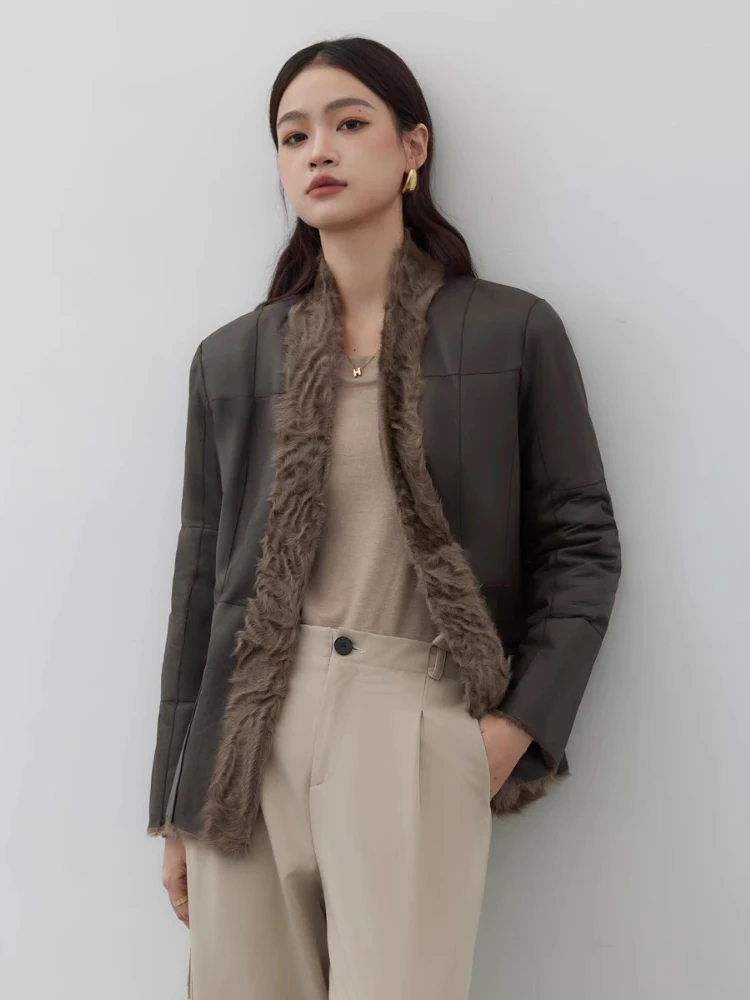 Vestes de luxe en cuir d'agneau véritable pour femmes, haut de gamme, Simple, Double face, Design, col en v, manteau d'hiver en vraie fourrure avec ceinture