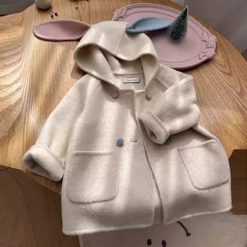 

Korean Children's Clothing2024Autumn and Winter New Girls' Two-Color Rabbit Woolen Coat Baby Girl Thick Woolen Coat