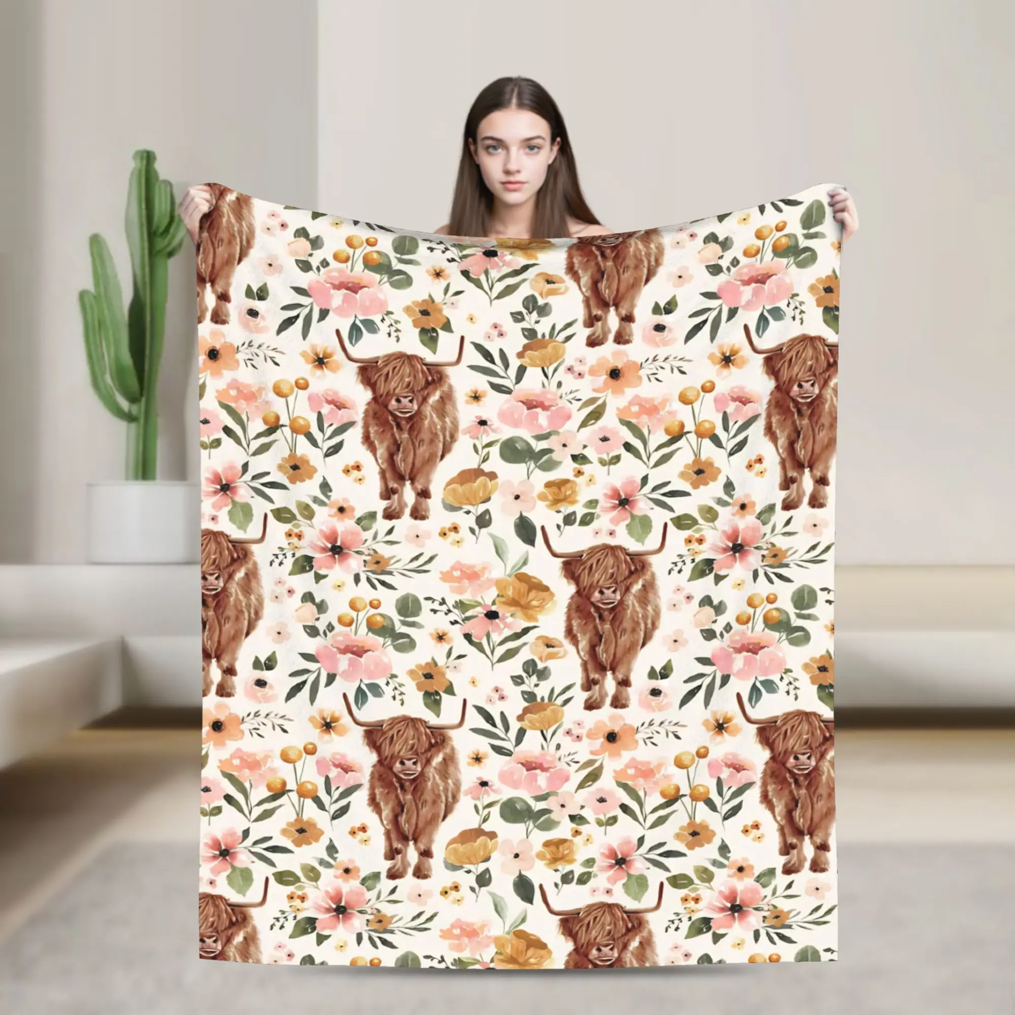 Highland Cow Foral Fuzzy Blanket  Vintage Throw Blankets for Home Hotel Sofa  125*100cm Rug Piece
