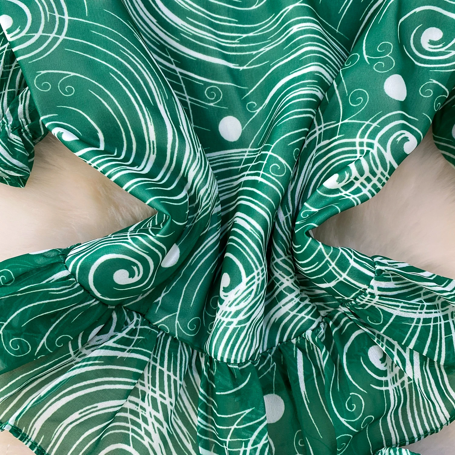 Summer Chiffon Pants Two-piece Set Ruffled V-neck Short Sleeved Tees Printed Wide Leg Trousers Suit American Fashion Women Sets