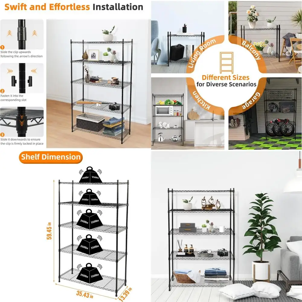 

Adjustable 5-Tier Heavy-Duty Metal Wire Shelving, 35L x 13.4W x 64.3H, Black for Kitchen, Garage, Laundry, Office, Warehouse