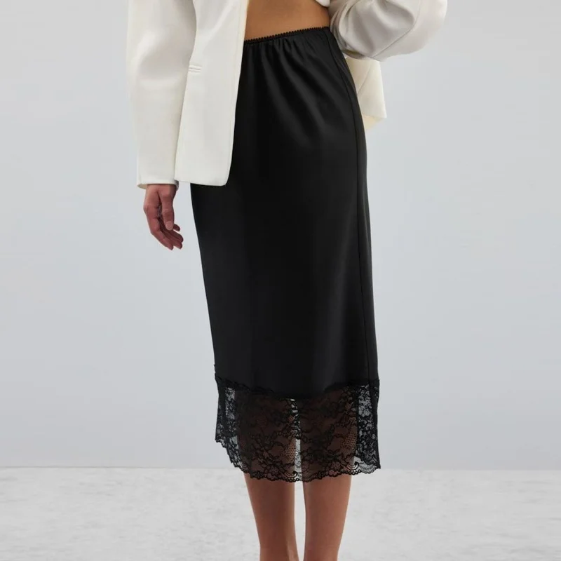 Nuove donne gonna longuette con orlo in pizzo gonne lunghe patchwork in pizzo sottile in raso gonne lunghe eleganti da ufficio a vita alta bianche