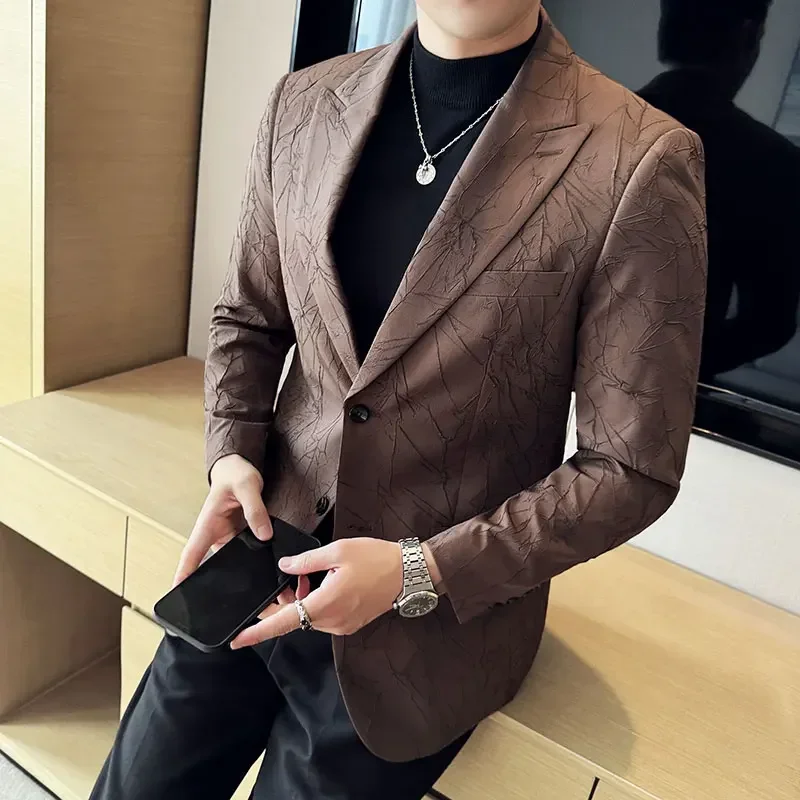 

Весенний жаккардовый пиджак 2024, мужская мода, приталенный деловой повседневный пиджак, свадебное платье для жениха, пальто, мужская одежда