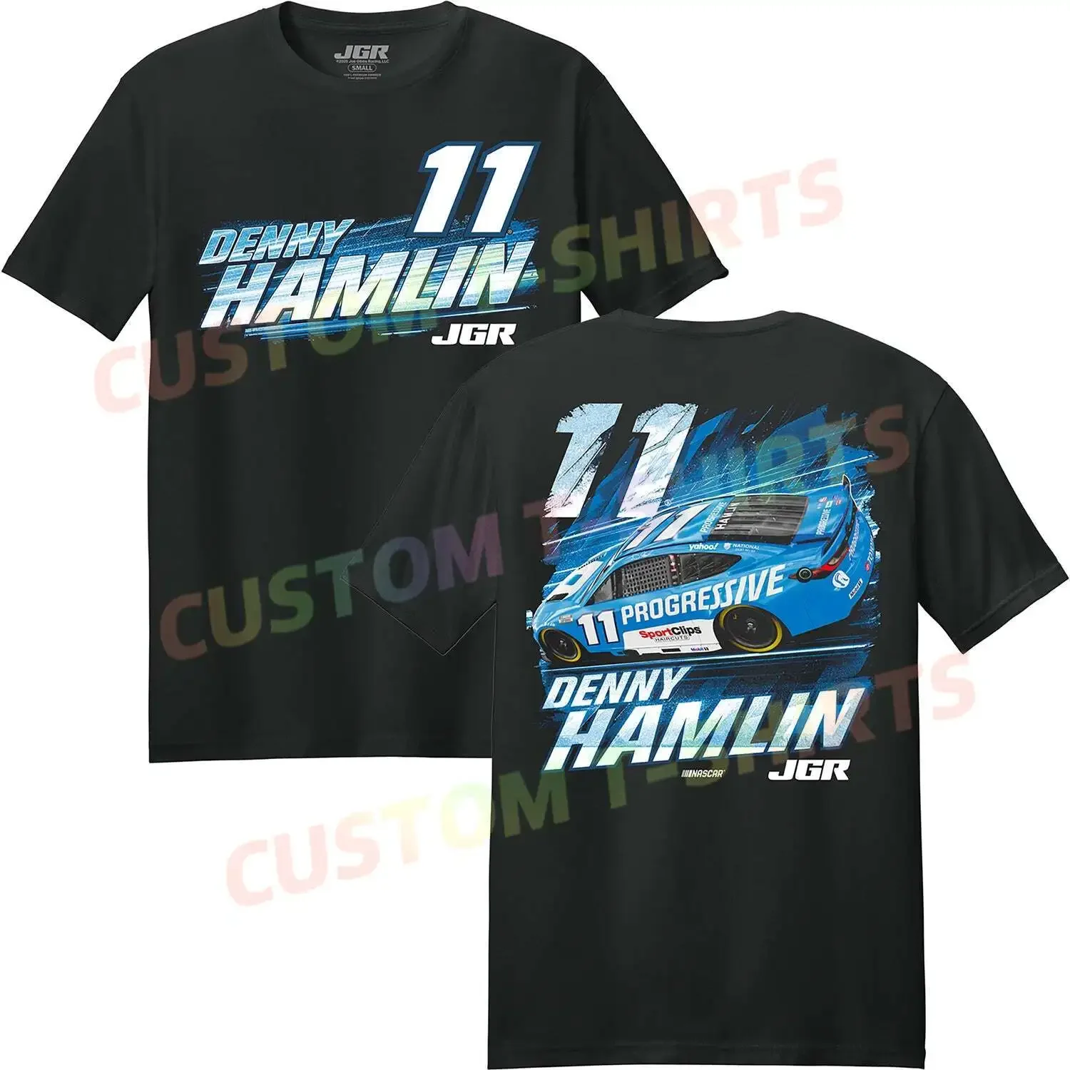 

Denny Hamlin 2025 Progressive Motorcycle Logo High Quality 100% Cotton T-shirt S-3XL