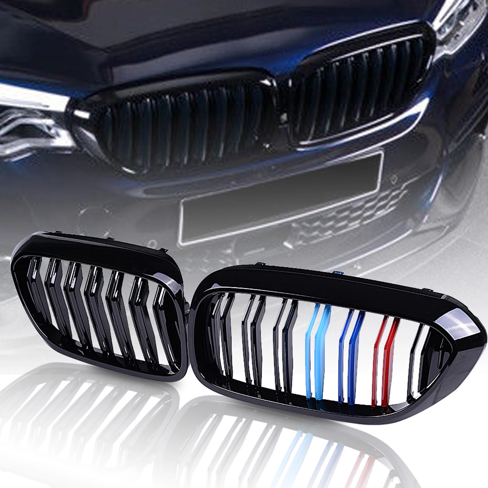 

runmade Pair Front Bumper Kidney Grill Grille Gloss Black Tri-Color Double Line For BMW 5 Series M5 520i 530i