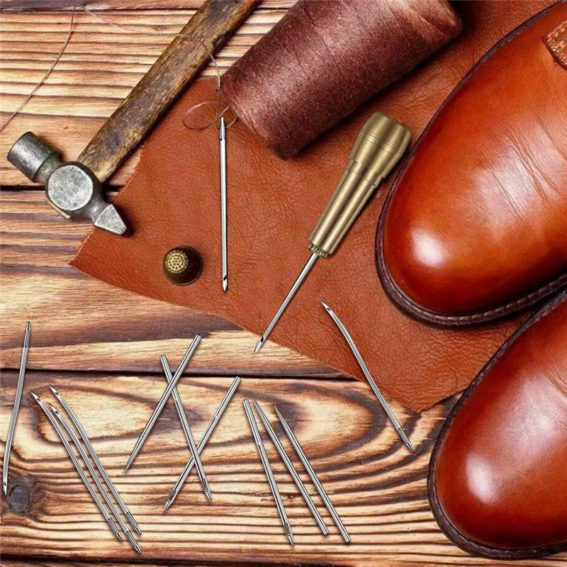 J1UL1N Sewing Awl Needles, 52Pcs Leather Sewing Kit 36Pcs Straight Needle + 12Pcs Curved Crochet Needle + 4Pcs Copper Handle