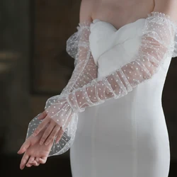 Elegante boda nupcial blanco manga larga puntos suaves tul con volantes novias dama de honor guantes mujeres accesorios de matrimonio