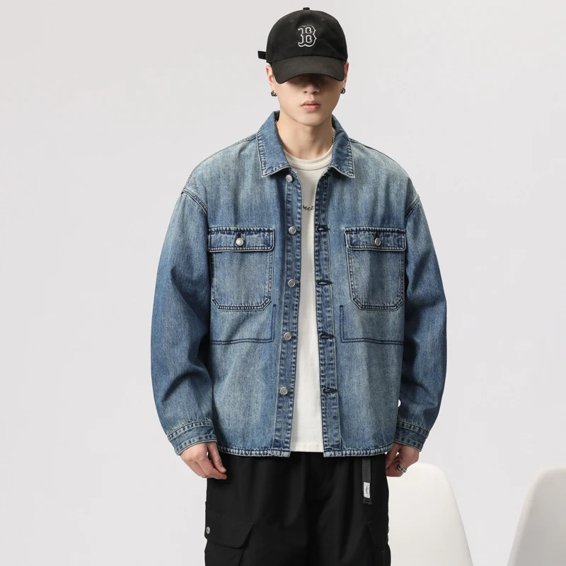 

Мужская джинсовая куртка в американском ретро-стиле, весенняя, трендовая, свободного кроя, больших размеров, повседневная, с отложным воротником, с длинными рукавами, из хлопка