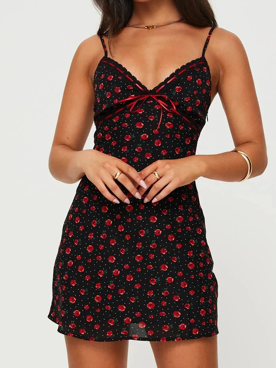 Cami Dress for Women Floral Print V-Neck Sleeveless Backless Dress Mini Bodycon Dress Party Dress Going Out Maxi Dresses