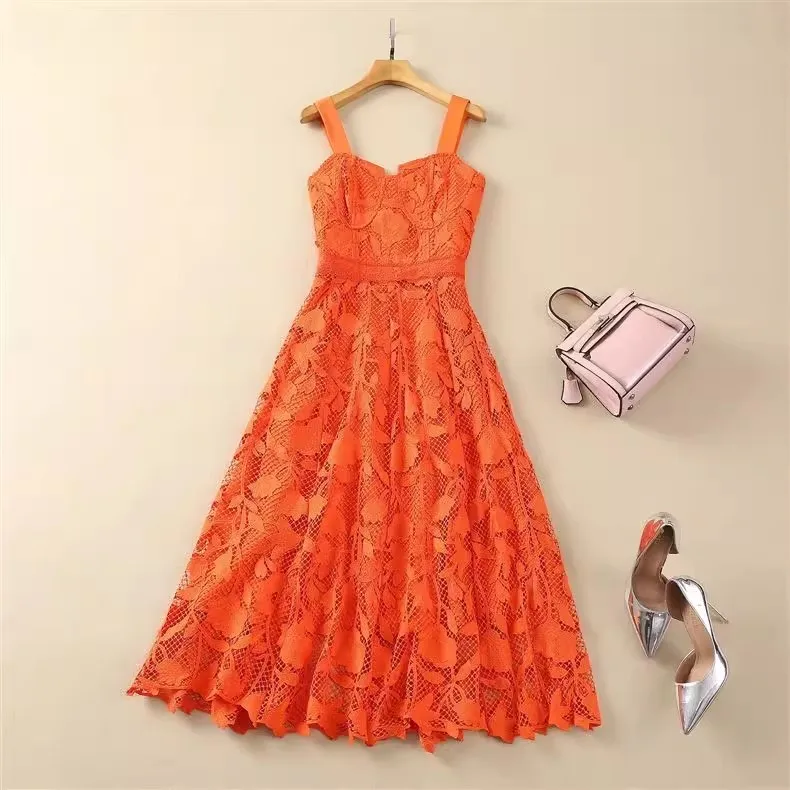 Designer Summer Holiday Flower Embroidery Orange Lace Prom Dress Women Sexy Backless Wrap Bra Croset Sundress Midi Long Vestidos