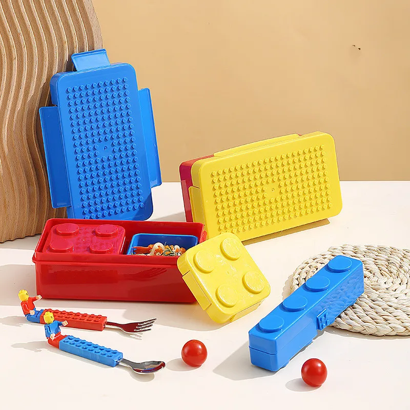 Building Block Lunch Box for Kids, Plastic Game Bento Box, School Picnic Food Container with Bag, Girls and Boys