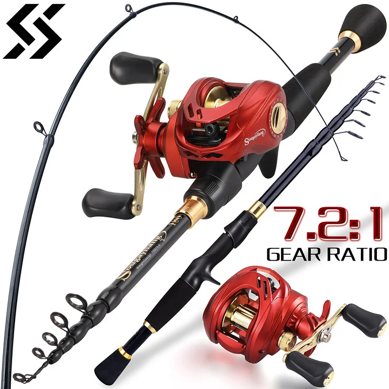 Sougayilang Telescoping Fishing Combo 1.8m-2.4m Carbon Fiber Casting Fishing Rod and 7.2:1 Gear Ratio Max Drag 8kg Reel Pesca