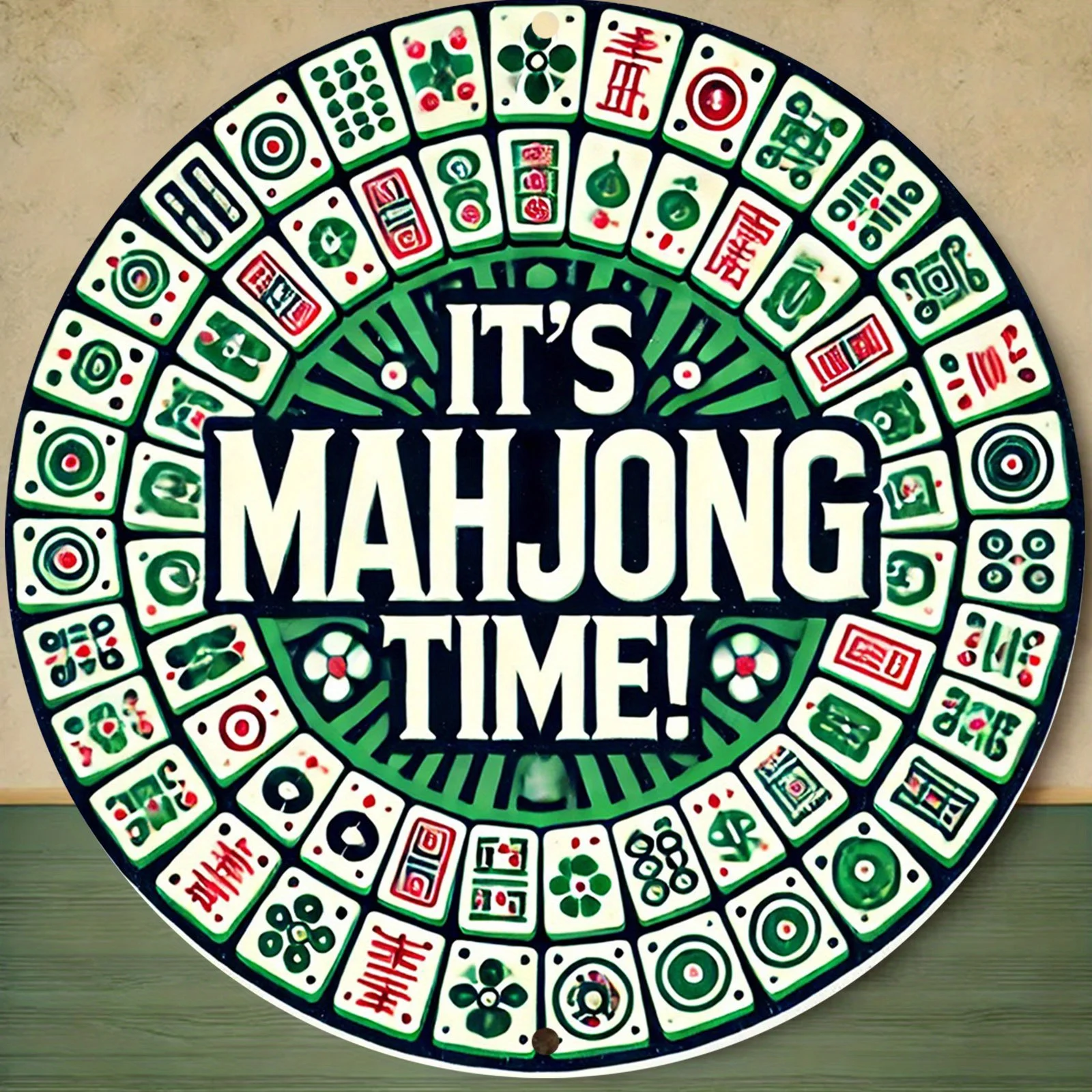 2D Flat Printing 1pc Round Wall Art Painting - Realistic Mahjong-Themed Wooden Decor, Suitable for Home, Garage, Restaurant, Or