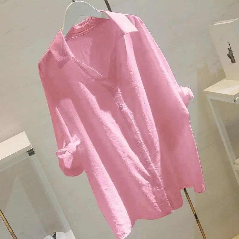 Korean Women Student Middle Sleeve Shirt Tops Spring Summer Female V-neck Blouse Jacket Ladies New Loose Fitting Blousees Shirts