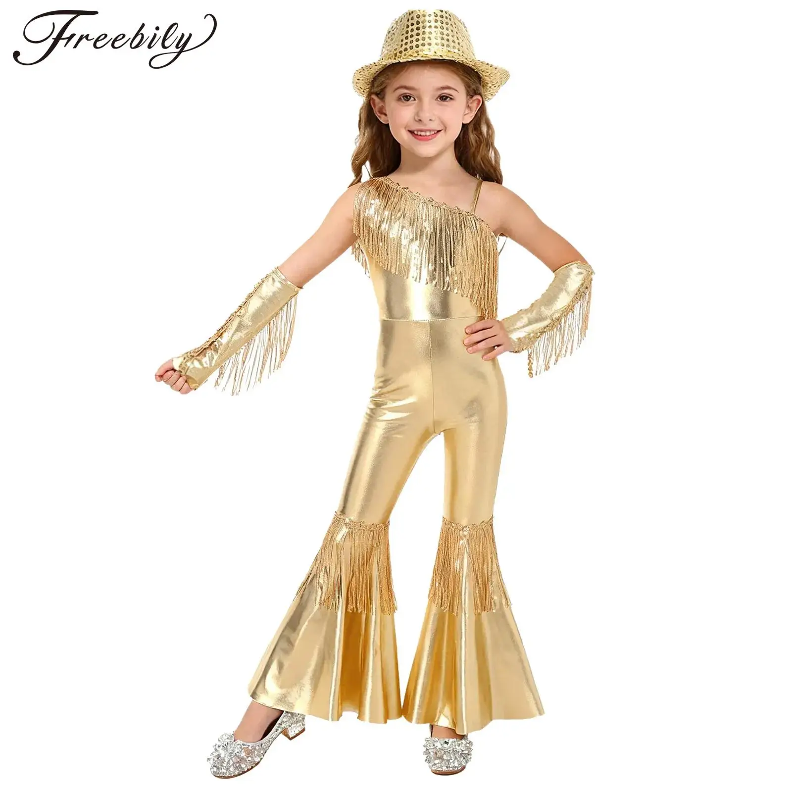 

Детский расклешенный джазовый танцевальный костюм для девочек, комбинезон с кисточками на одно плечо и перчатками, шляпа Федора с блестками, наряд для дискотеки 60-х годов