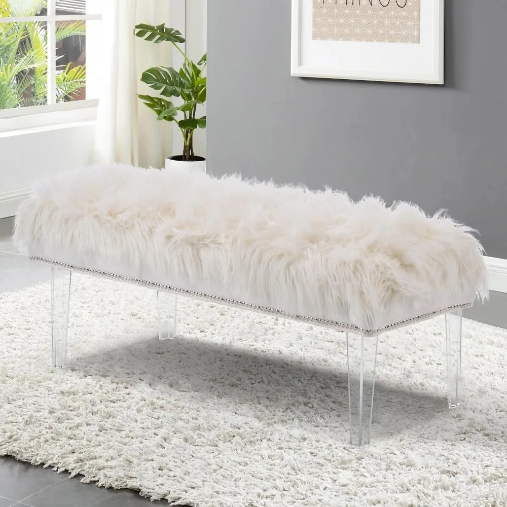 

46 Inch White Bedroom Bench, Benches for Bedroom White Faux Fur Upholstered Bed end Bench, Tufting Ottoman Bench Indoor Bench wi