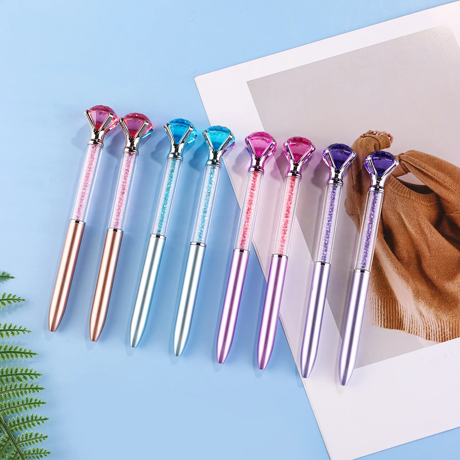 

12 Pcs New Imitation Metal Rod Big Diamond 0.7mm Blue Ballpoint Pen Color Crystal Quicksand Broken Diamond Pen Crystal Gem Ball