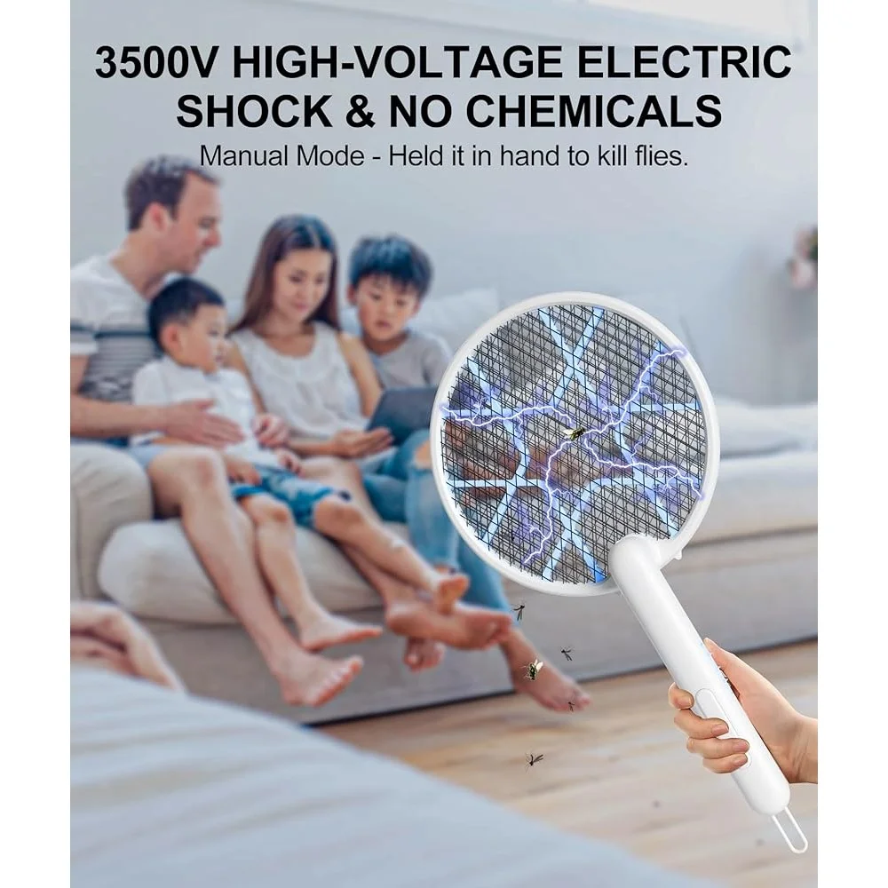 電気バグザッパーラケット折りたたみ式蚊キラー3500ボルトポータブル屋内屋外ハエたたきUSB充電インジケーター付き