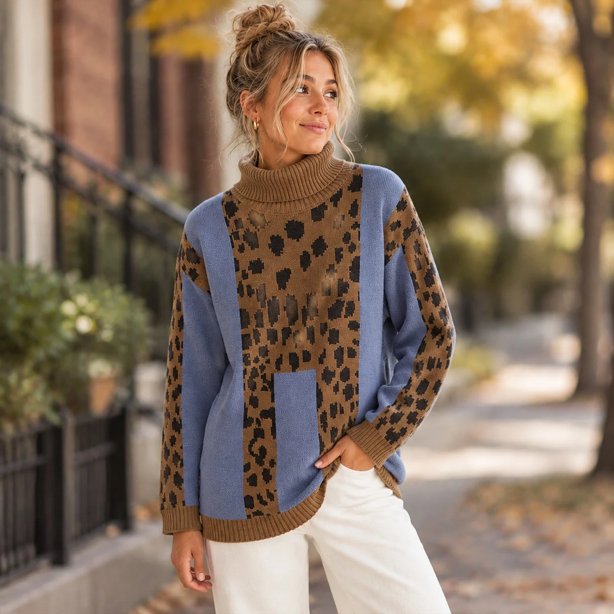 Pullover Leopard Print Sweaters Regular Length Elegant with Winter Standard Length Long Sleeve Regular Fit Women Sweater