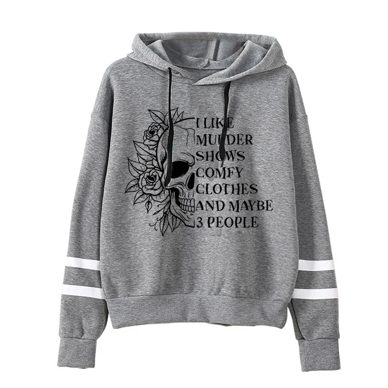 Casual Vintage Skull Rose Print Sweatshirts Women Long Sleeve Drawstring Pullover "I Like Murder Shows" Funny Skeleton Hoodies