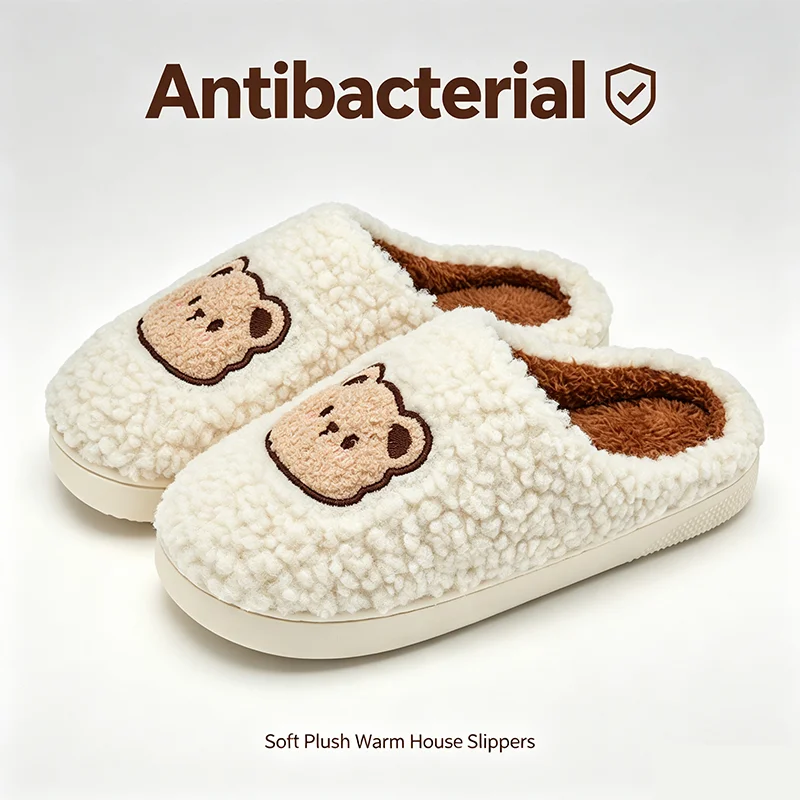 Antibacterial Bear Plush Slippers Women Soft Fuzzy TPR Non‑Slip Sole Warm Slip‑On Indoor Winter House Slippers