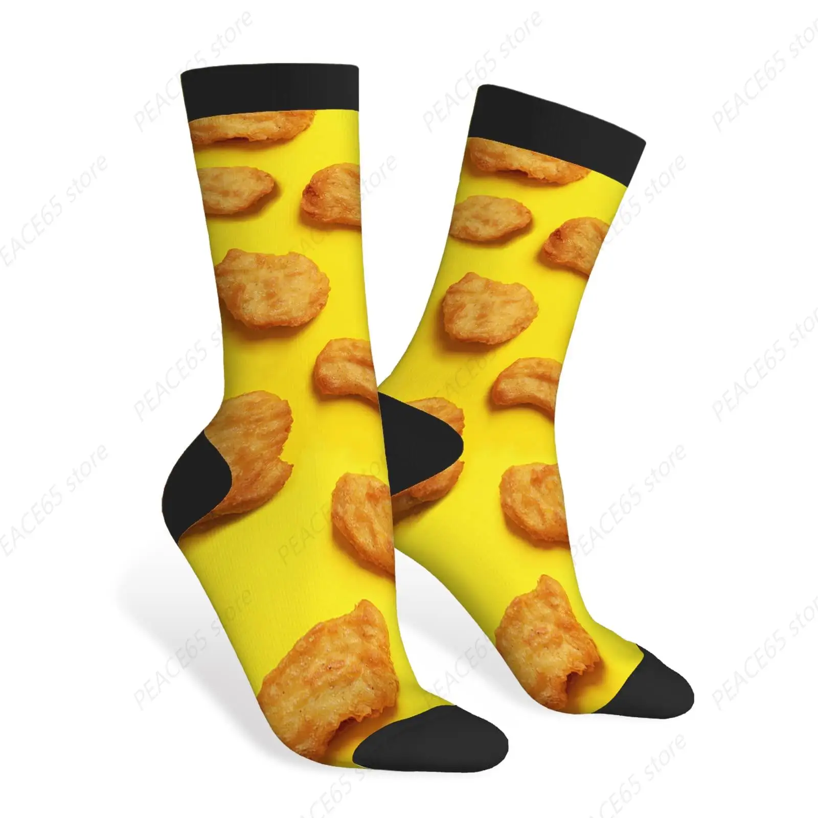 Fried Chicken Nuggets Funny Socks Golden Meat Snack Delicious Crispy Food Casual Crew Socks Design for Women Men Gift