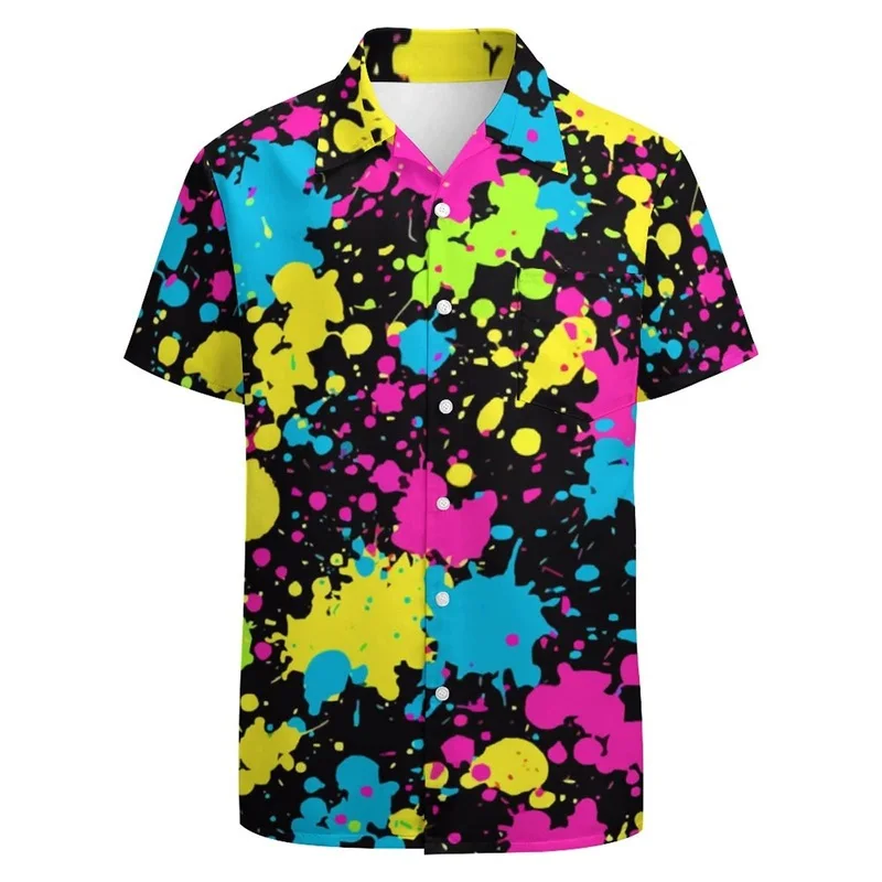 

Full Print Neon Painting Abstract Graphic Festival Shirts For Men 3D Short Sleeve Button Down Casual Beach Party Shirt Clothes