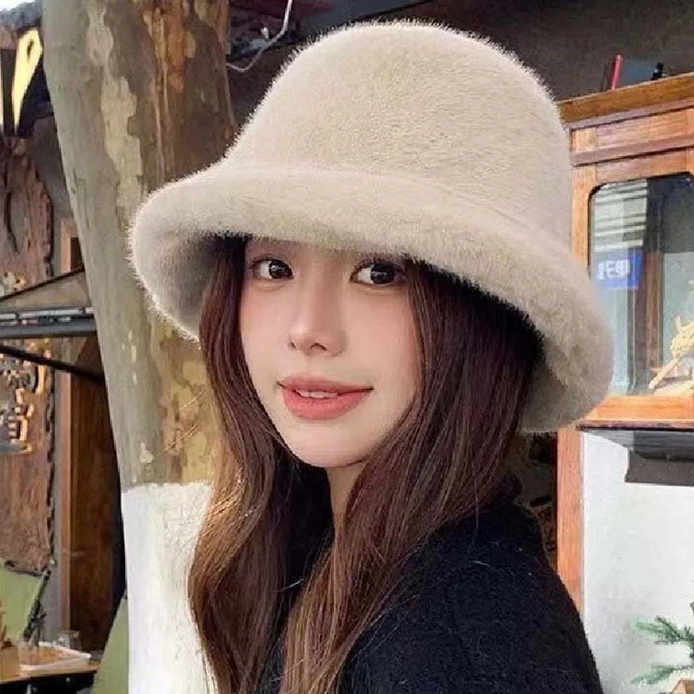 

Temperament Plush Basin Cap Imitation Mink Fur Warmer Winter Fisherman Hat Solid Color Versatile Anti-cold Bucket Hat Cycling