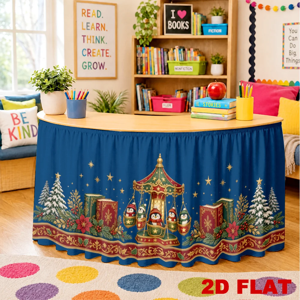2D flat model, 1 piece Christmas carousel penguin table skirt, suitable for Halloween, Thanksgiving, Christmas decoration