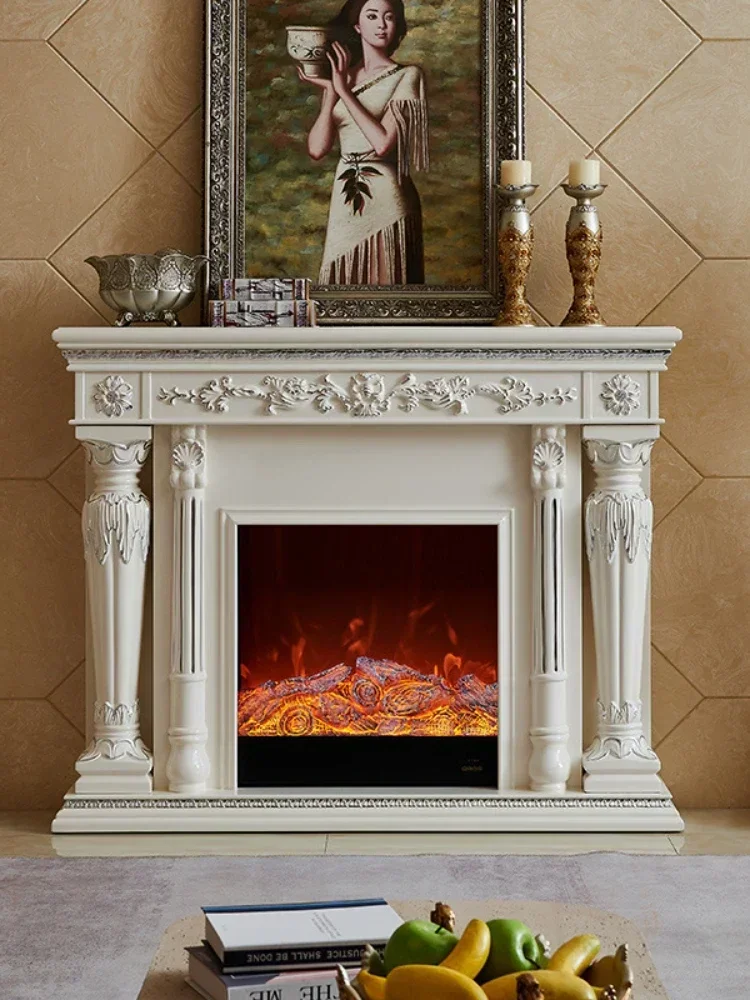 European fireplace decorative cabinet retro white, home living room simulation flame heating