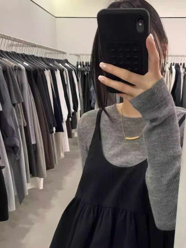 Chique coreano longo sve conjunto superior feminino sli camada de base conjunto de duas peças para outono elegante tapete combinação de roupa