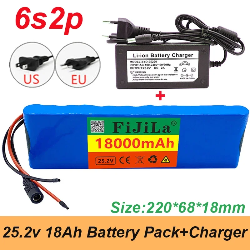 Batteria al litio 18650 6S2P 25,2 V 18000 mAh con caricabatterie BMS elettrico+25,2 V 2 A