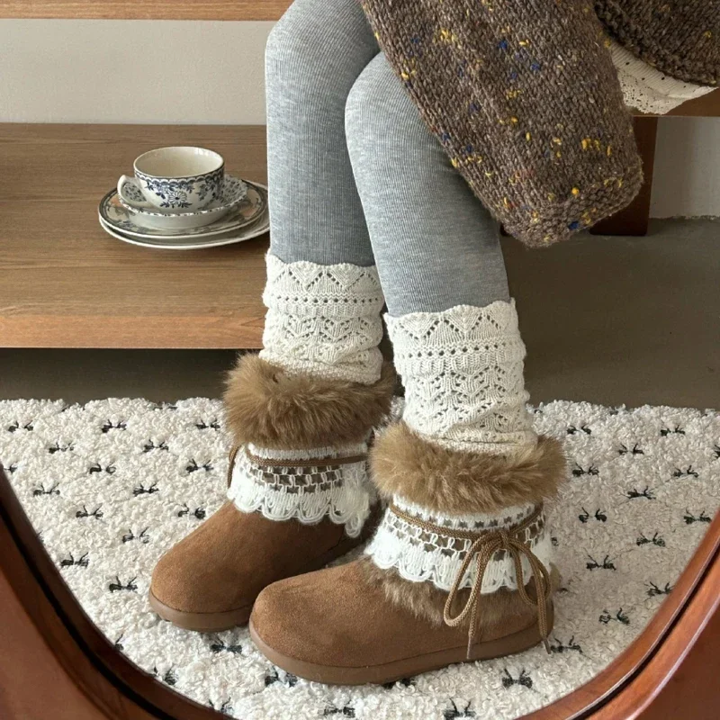 Women Snow Boot Winter Fur Lining Plush Mid-calf Boots Thick Sole Slip On Shoes Autumn Winter Outdoor Keep Warm Short Booties