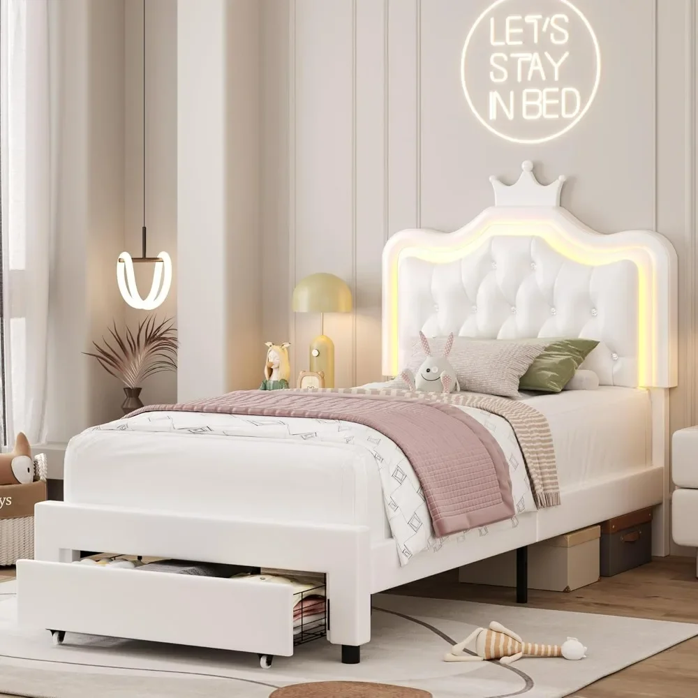 Double bed frame with storage drawer, leather adjustable crystal button crown headboard, solid wood Flat noodles support, white